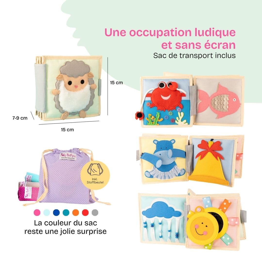 Jolly Designs® Mini Quiet Book Moutons Heureux – Jouet Montessori dès 4 Mois – Livre sensoriel & Livre Tissu pour bébé – Busy Book Fait Main en Feutrine – Jouet éducatif & de Voyage