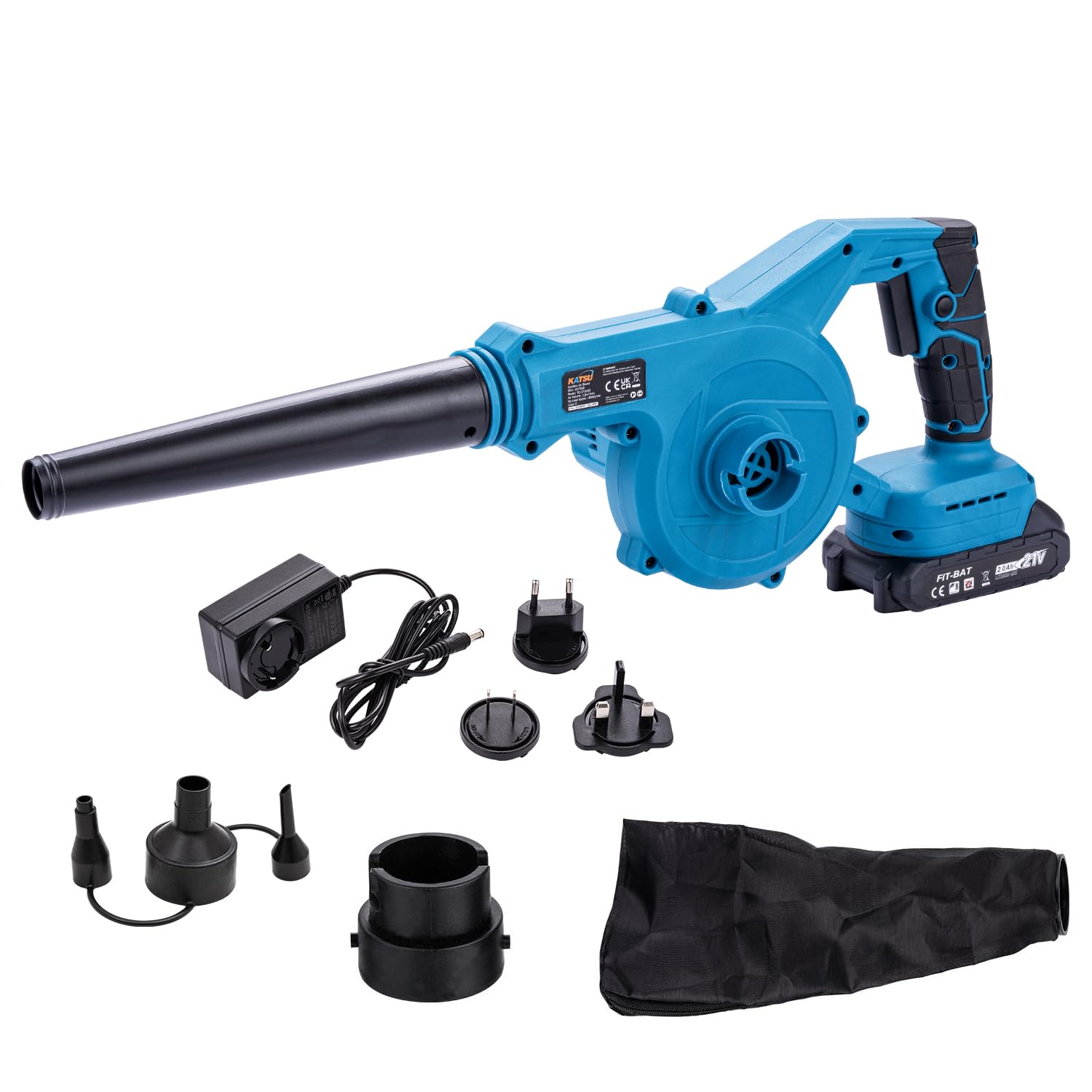 KATSU FIT-BAT 21V Soplador a Batería Brushless con 1.5Ah Batería y Cargador, Soplador de Hojas de Polvo de Aire Inalámbrico sin Escobillas para Jardín Hogar Cuidado Césped