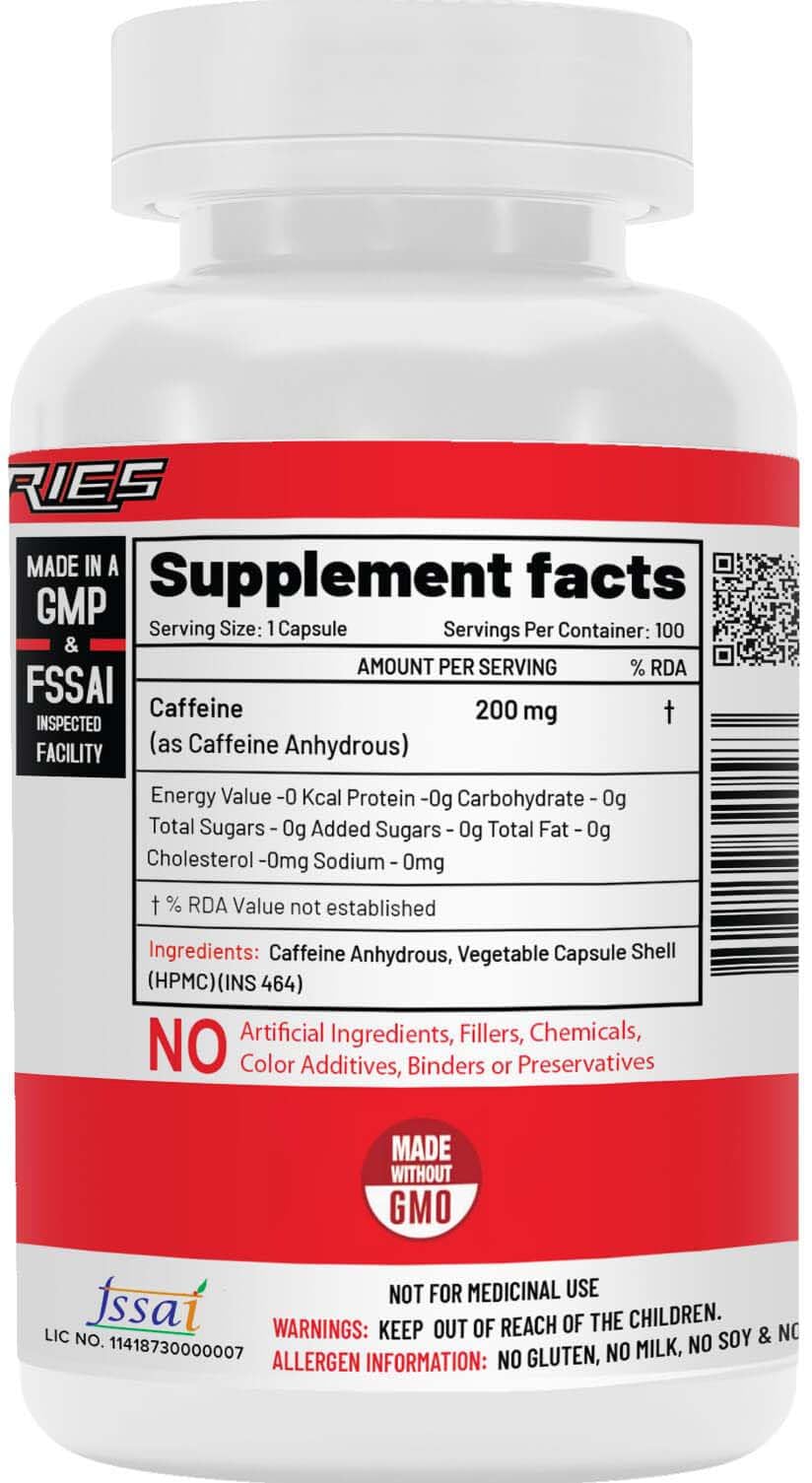 NutriJa Caffeine 200mg 100 Capsules | Caffeine Capsules for Pre-Workout and Daily Use | Sugar-Free, No Added Calories