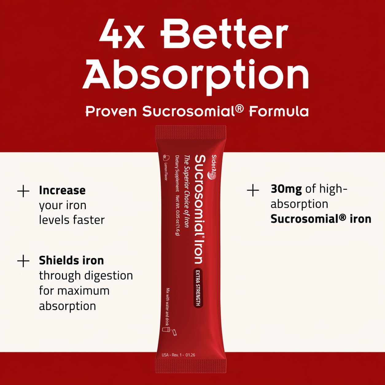 Extra Strength Sucrosomial Iron Supplement for Women and Men - Clinically Proven to Increase Levels Without Side Effects, Gentle on Stomach, 7X Higher Absorption for Anemia & Energy, Drink Mix, 30ct — Amazon image 3