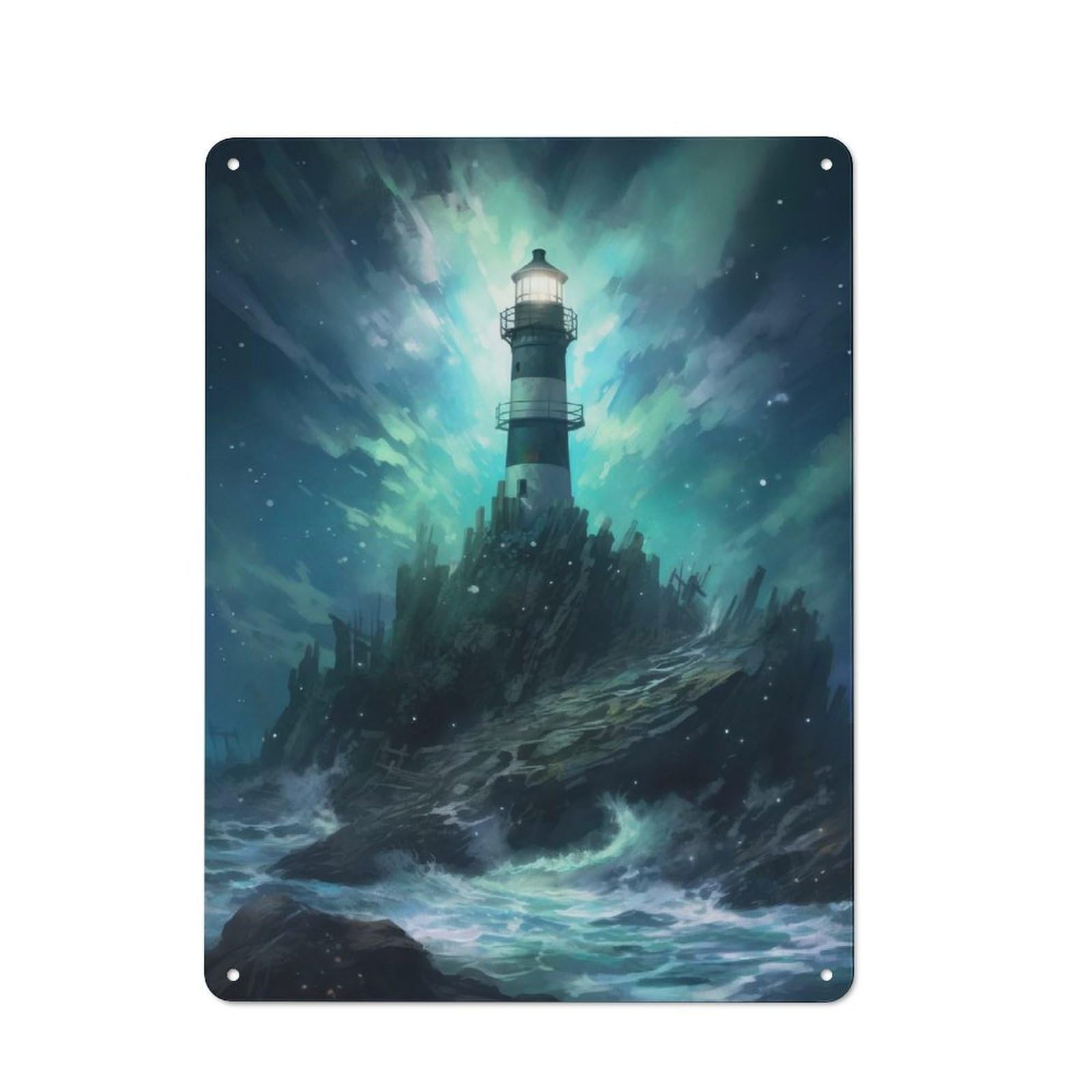 Junmoney Lighthouse On A Rocky Shore For Garden Room Or Summerhouse, Rustic Tin Sign 40X30cm, Wall Decor For Garden Rooms And Summerhouses