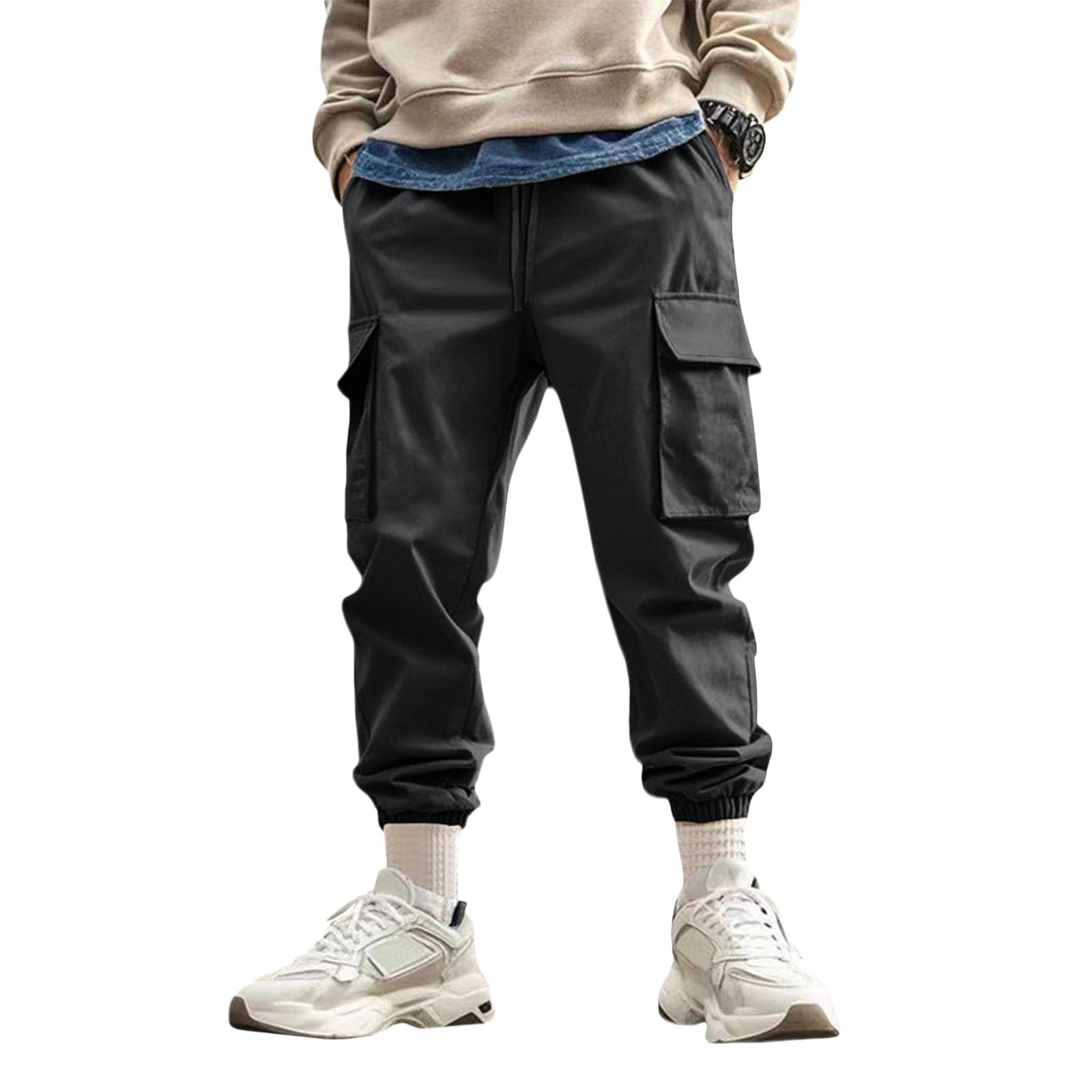 Mens Cargo Pants Elastic Waist Joggers Drawstring Gym Stretch Work Casual Pants Tapered Sweatpants with Pockets