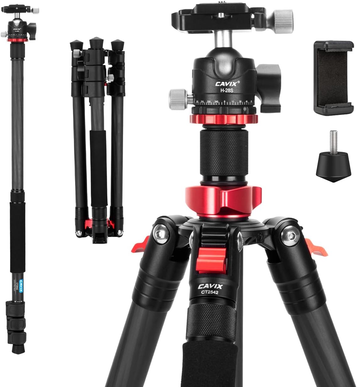 CAVIX Professional 62" Carbon Fiber Camera Tripod, Tripod & Monopod 2 in 1, Lightweight Travel Tripod with 360° Ball Head, Arca Quick Release, 22lb Load for DSLR Video Travel Photography