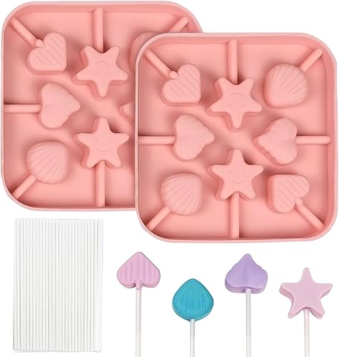 EDUEE Moldes para piruletas de corazón, 2 piezas de moldes de silicona para chocolate, 6 cavidades, forma de corazón, estrella, piruleta con 25