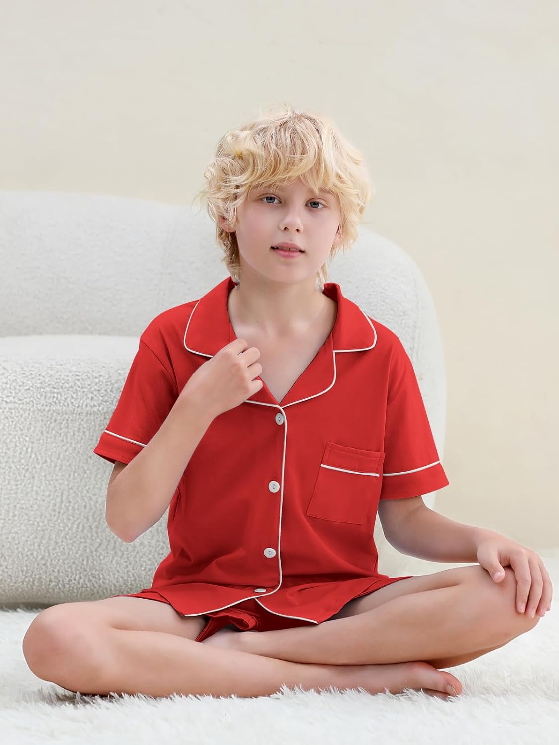 Umeyda Boys 100% Cotton Pajamas Set Kids Soft Short Sleeve Sleepwear 2 Pcs Button-Up Comfy Pjs Set for Ages 4-12 - Image 6