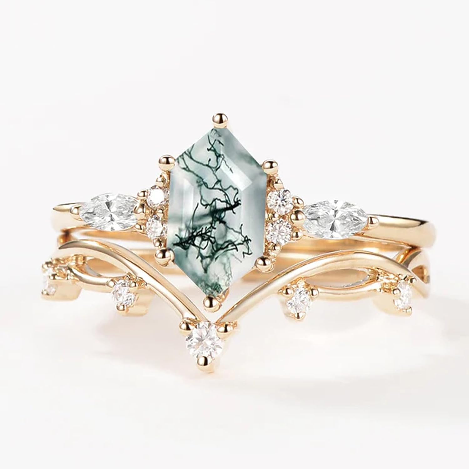 Moss Agate Ring Set 925 Sterling Silver Moss Agate Wedding Ring Set Long Hexagon Moss Agate Leafy Engagement Ring Set Moss Agate And Moissanite Engagement Ring For Women