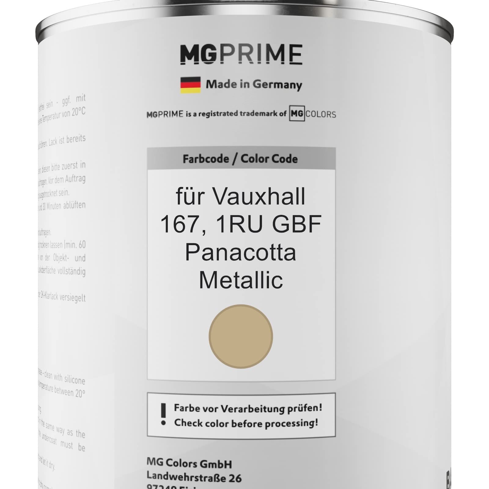 MG PRIME Lakier samochodowy Zestaw puszek dla Vauxhall 167 / 1RU GBF Panacotta Metallic Lakier bazowy 2K Utwardzacz do lakieru bezbarwnego gotowy do natrysku 2,5L