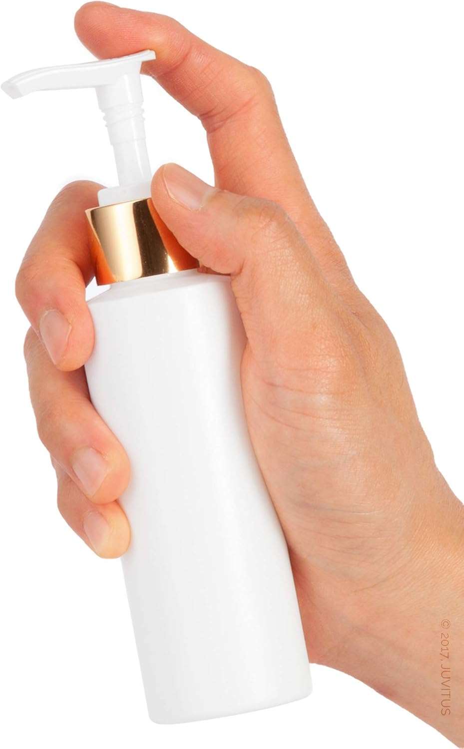 4 oz / 120 ml White Plastic HDPE Refillable Cylinder Squeeze Bottle with Gold Lotion Pump (12 Pack)