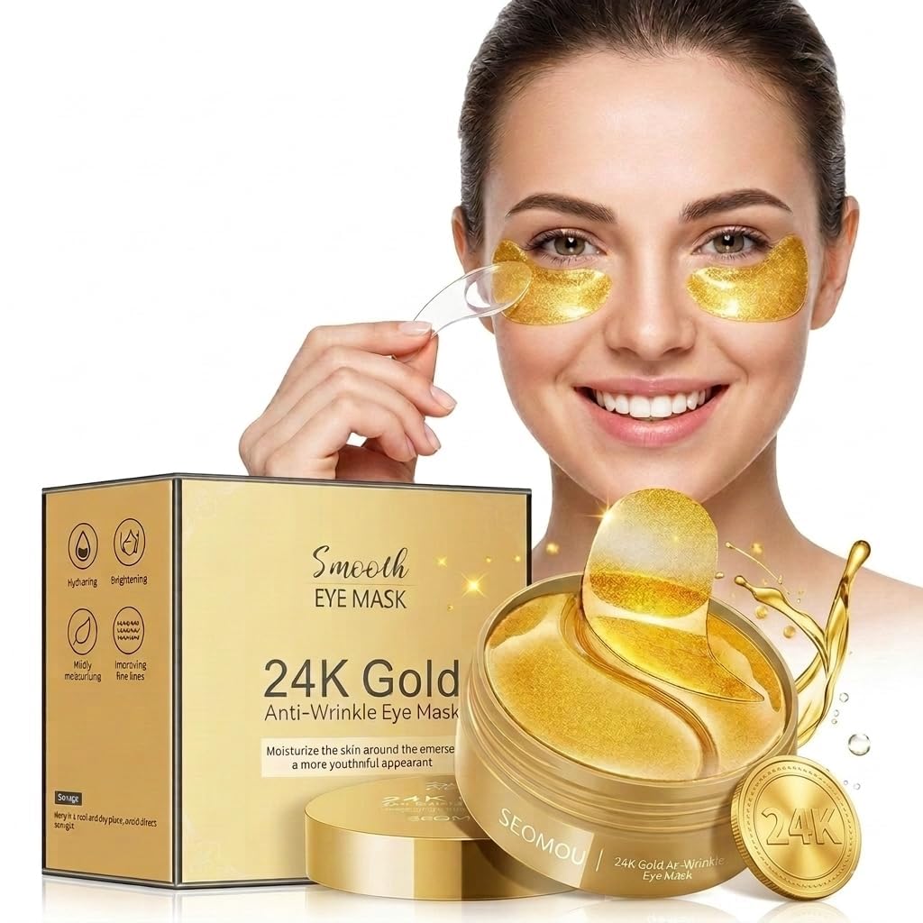 24K Gold Under Eye Patches for Dark Circles and Puffiness, Collagen Hydrogel Eye Masks for Fine Lines, Wrinkles, Eye Bags and Hydration, Cooling Under Eye Gel Pads for Men and Women, 60 Patches-image-39