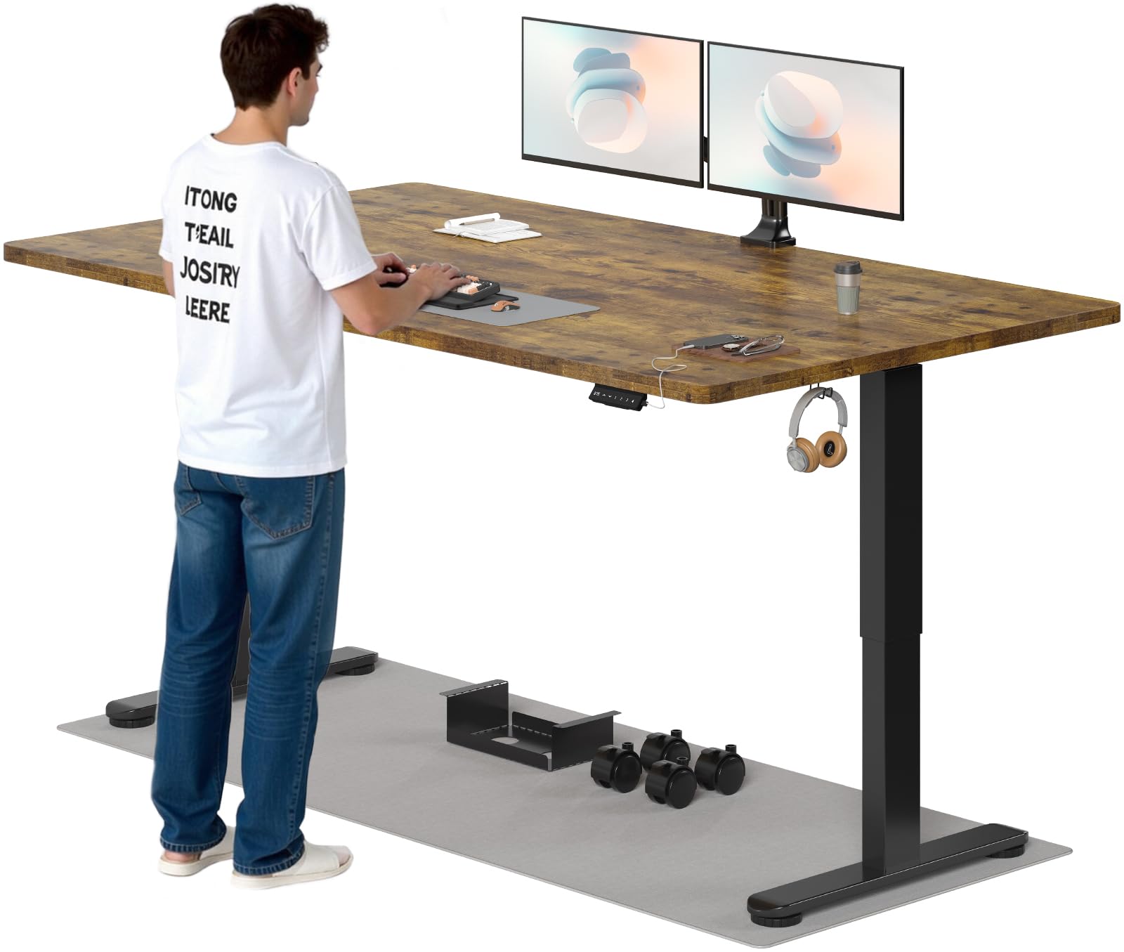 TRIUMPHKEY Höhenverstellbarer Schreibtisch, 200x80cm, Elektrisch Stehschreibtisch mit Dualmotor, Touchscreen,USB-A & Kabelmanagement,25mm Einteilige Tischplatte,ergonomischer Bürotisch, Braun