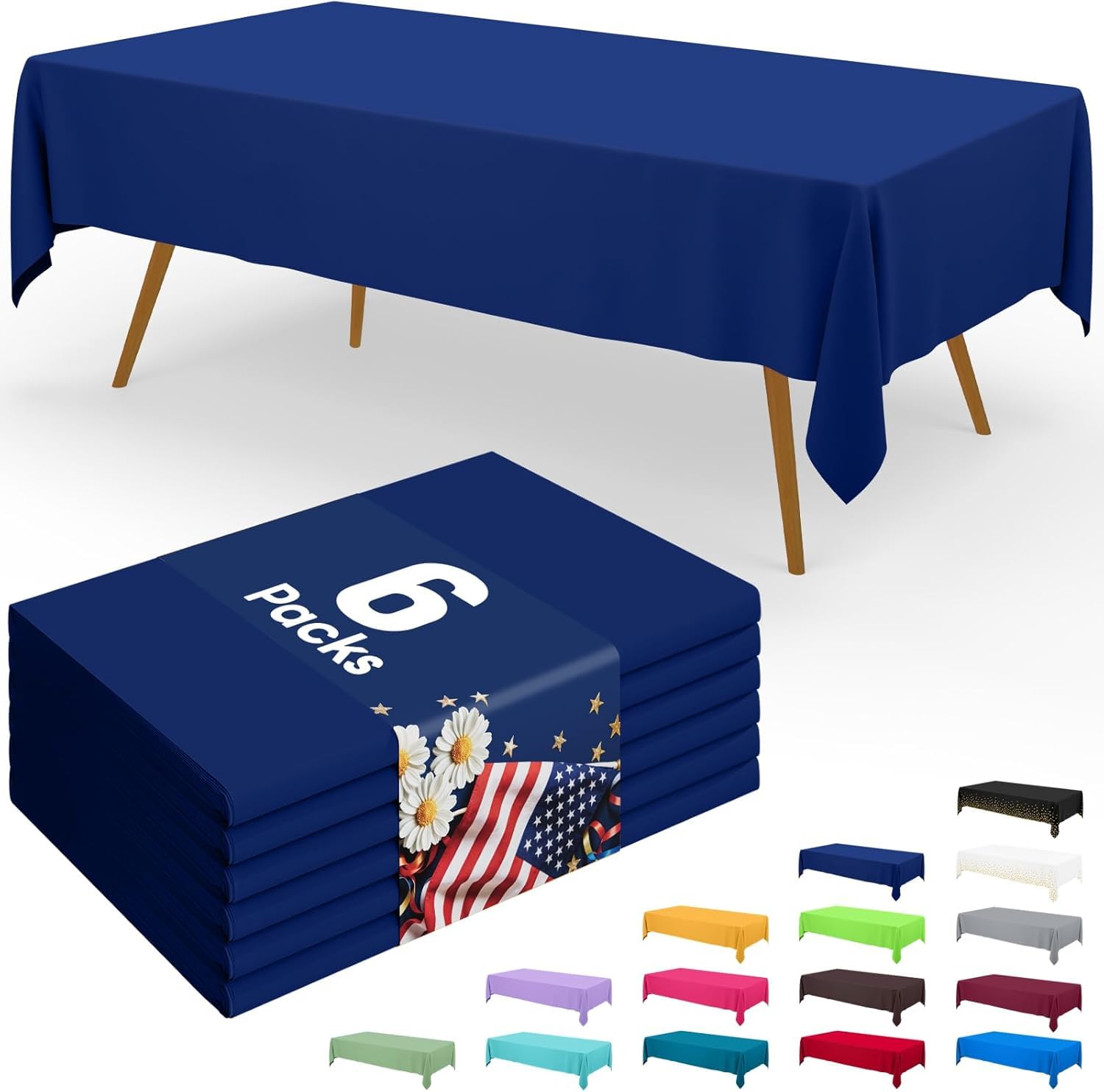 Homaxy Disposable Table Cloth - 6 Pack, Waterproof Plastic Tablecloths Wipe Clean, Decorative Rectangle Leakproof Table Cover for Parties Outdoor, 137 x274 cm, Dark Blue — image 1