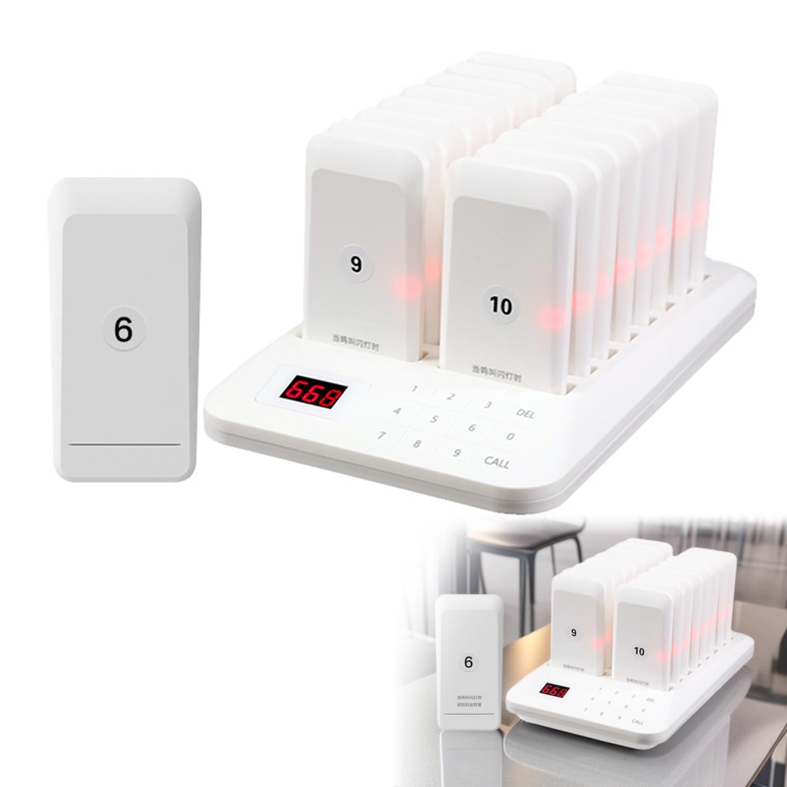 Sistema di cercapersone wireless per ristorante, set di code di chiamata da 1 a 16, cicalini rotondi bianchi per ritiro cibo, bar e servizio fast food, sistema di chiamata commerciale dei clienti