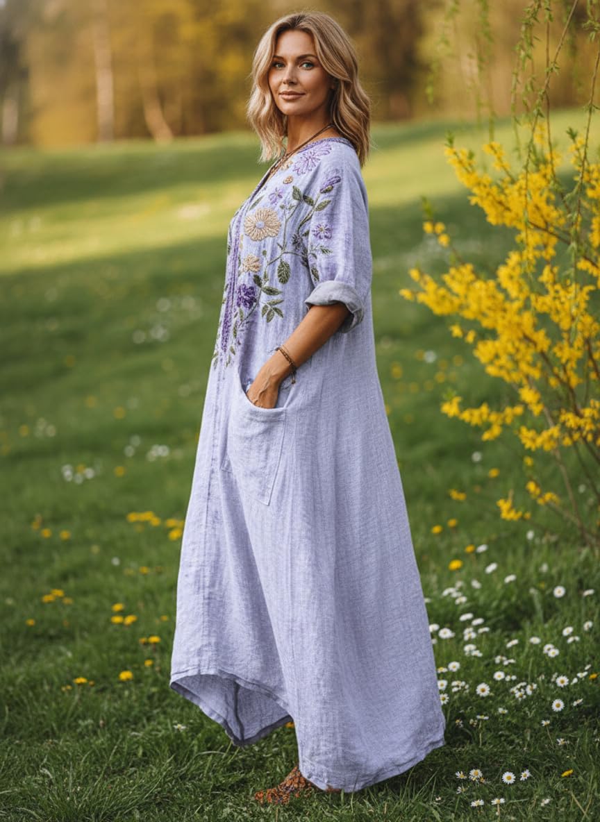TIAFORD 2026 Spring Summer Boho Floral Printed Linen Maxi Dress V Neck Batwing Sleeve Oversized Kaftan Dresses with Pockets