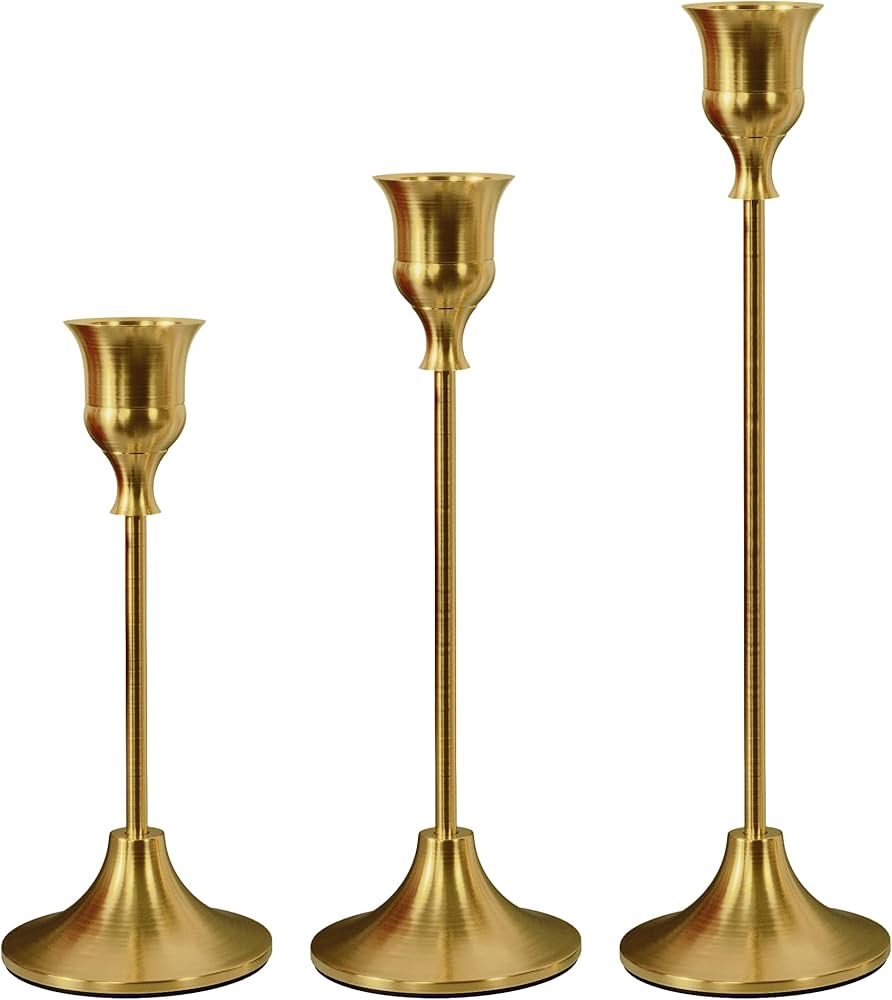 Brass Gold Candlestick Holders Taper Candle Holders, Set of 3 Vintage Candle Sticks Holder Decor Used as Fireplace Mantel or Table Centerpieces for Wedding, Dinning, Party