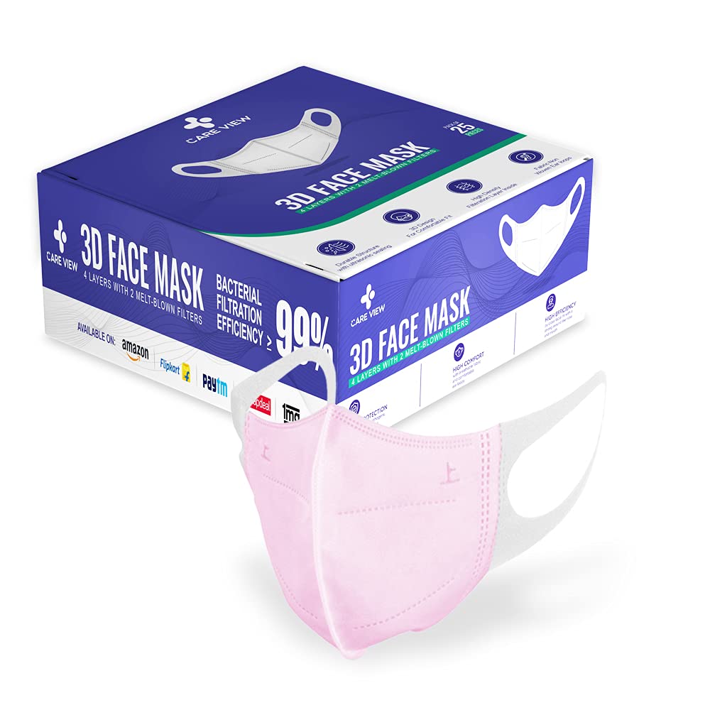 Careview CARE VIEW N95 3 Dimensional Disposable Face Mask with 4 Layered Filtration, SITRA and BIS(ISI) certified & Incredibly Soft Spandex Non Woven Fabric Ear loop (PINK, PACK OF 25)