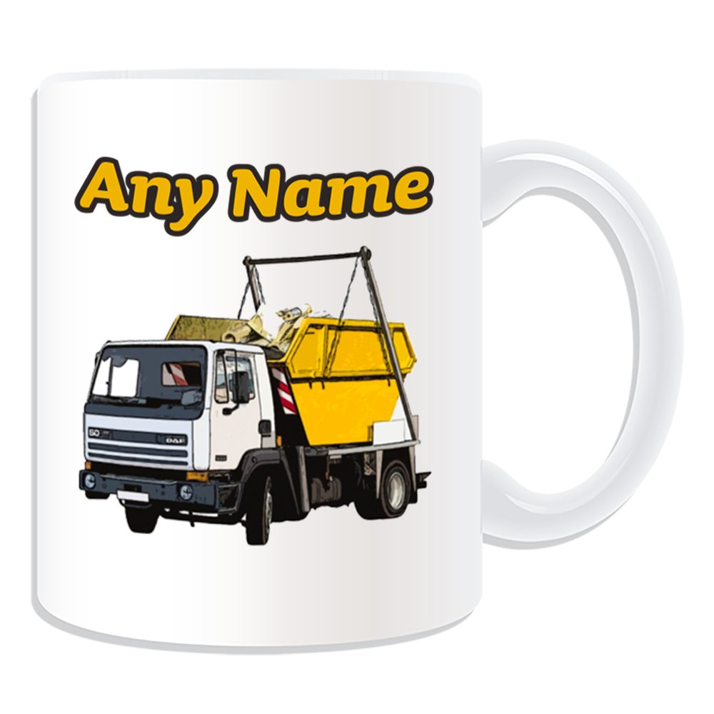 Unigift White Personalised Gift - Skip Truck Mug (Transport Design Theme, ) - Any Name/Message On Your Unique - Hire Lorry Wagon Hgv Vehicle Automobile Driver Dumpster Waste Container Rubbish