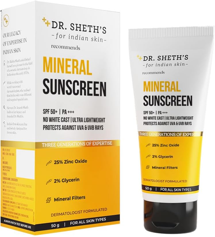 Mineral Sunscreen SPF 50 PA+++ Water Proof Sunscreen No White Cast Quick-absorbing Ultra Lightweight & Non-sticky 25% Zinc Oxide for All Skin Types for Women & Men 50g