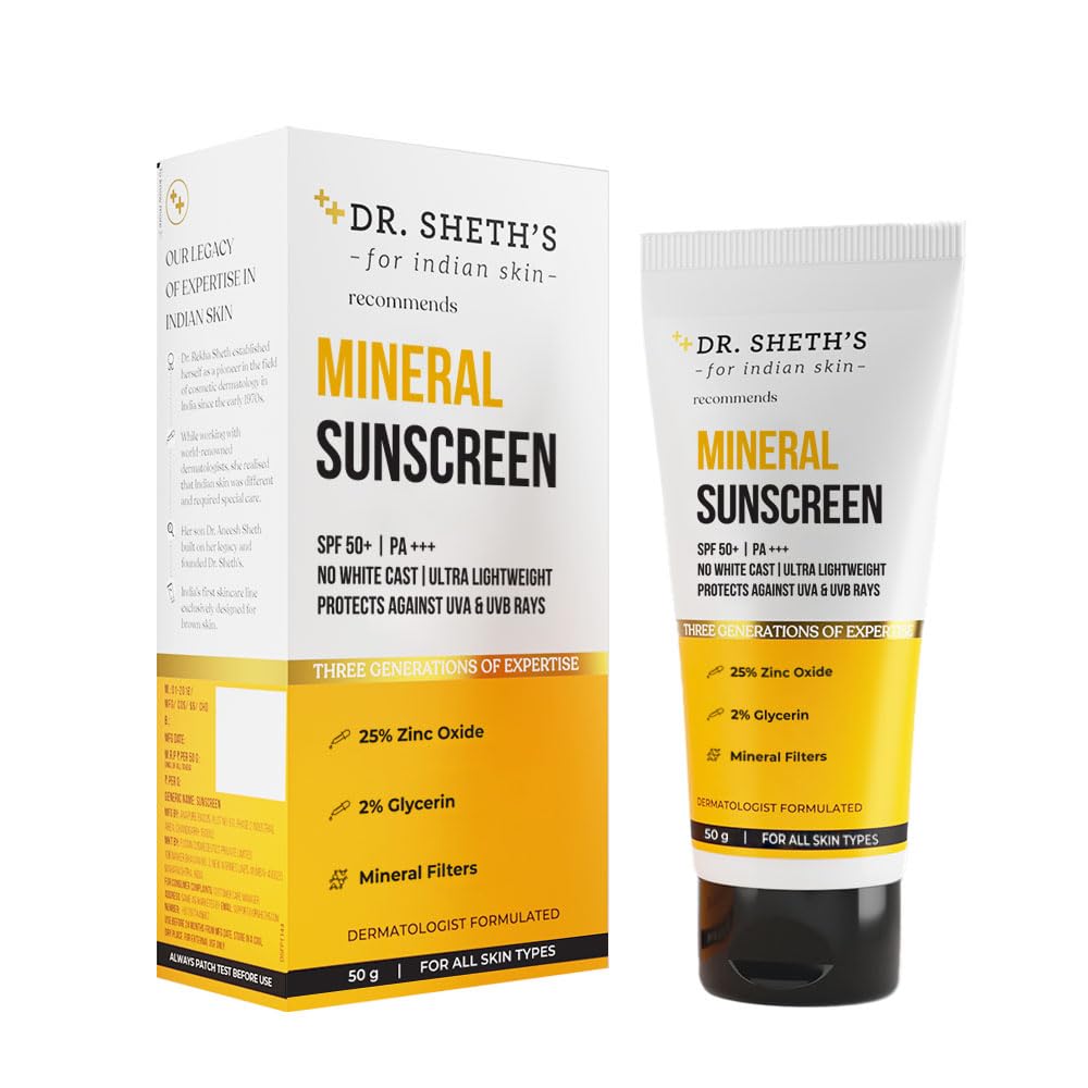 Dr. Sheth's Mineral Sunscreen SPF 50 PA+++ Water Proof Sunscreen No White Cast Quick-absorbing Ultra Lightweight & Non-sticky 25% Zinc Oxide for All Skin Types for Women & Men 50g