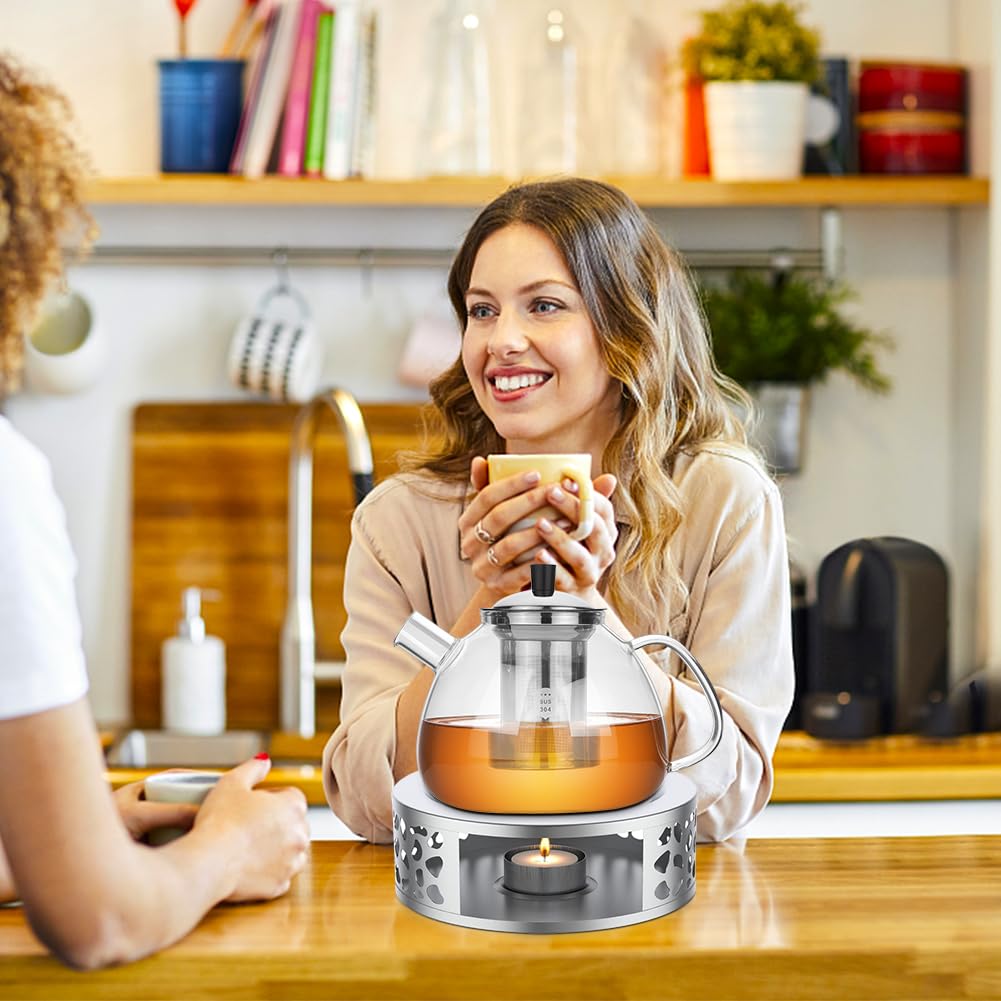 Yuragim Theepotset met stoofje, 1,5 l glazen theepot met afneembare zeef en theewarmer van roestvrij staal