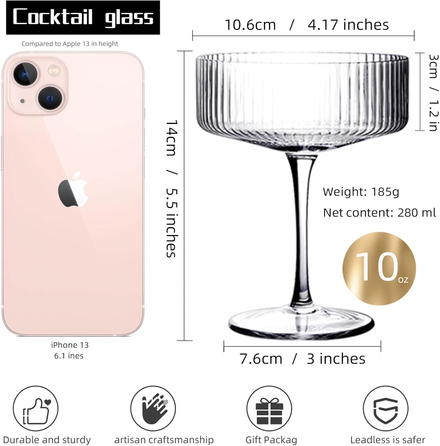 YOUKI Cocktailgläser, Vintage-Coupé-Gläser-Set, Champagner, Cocktail, Martini, Weingläser, langer Stiel, 280 ml, 4 Stück