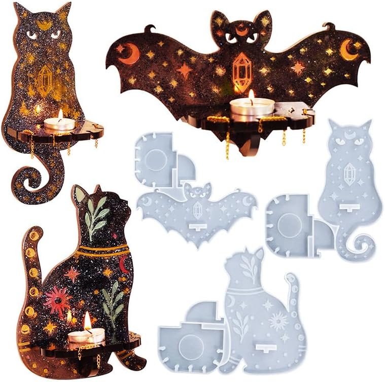 3 Set of Cat Bat Wall Hanging Wall Storage Rack Resin Mold Molds Epoxy Resin Bat Cat Shaped Tray Halloween for Wall Shelf Candle Candlestick Vase, DIY Making Decor Art Crafts