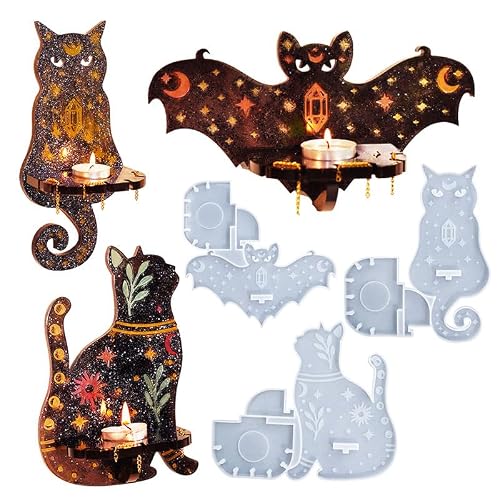 3 Set of Cat Bat Wall Hanging Wall Storage Rack Resin Mold Molds Epoxy Resin Bat Cat Shaped Tray Halloween for Wall Shelf Candle Candlestick Vase, DIY Making Decor Art Crafts