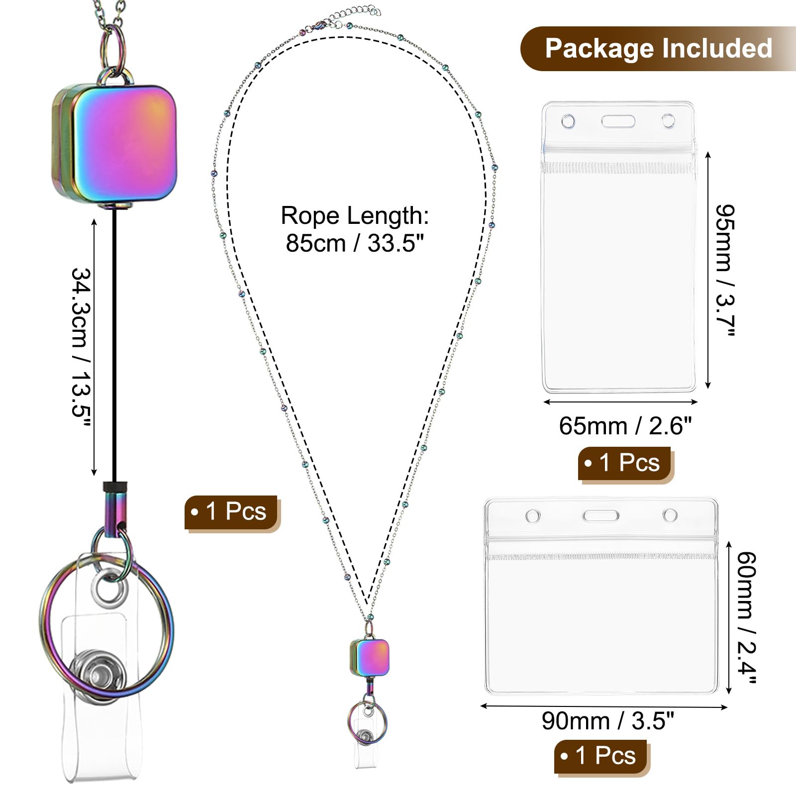 PATIKIL Badge Necklace Lanyard with ID Holder,304 Stainless Steel Retractable Square Badge Reel Lanyard Clip Chain with 1 Set ID Holder for Woman Office ID Card Key,Rainbow Color - Image 2