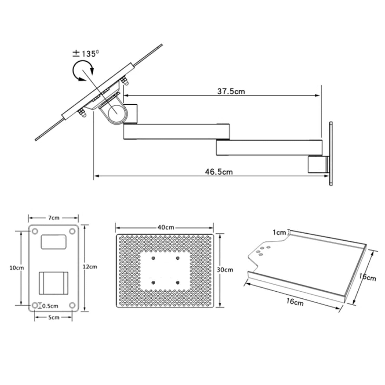 Soporte de pared para laptop, soporte ajustable con bandeja para mouse, rotación multiángulo, plataforma de refrigeración ventilada, capacidad de peso de 8 kg para oficina y estación de trabajo