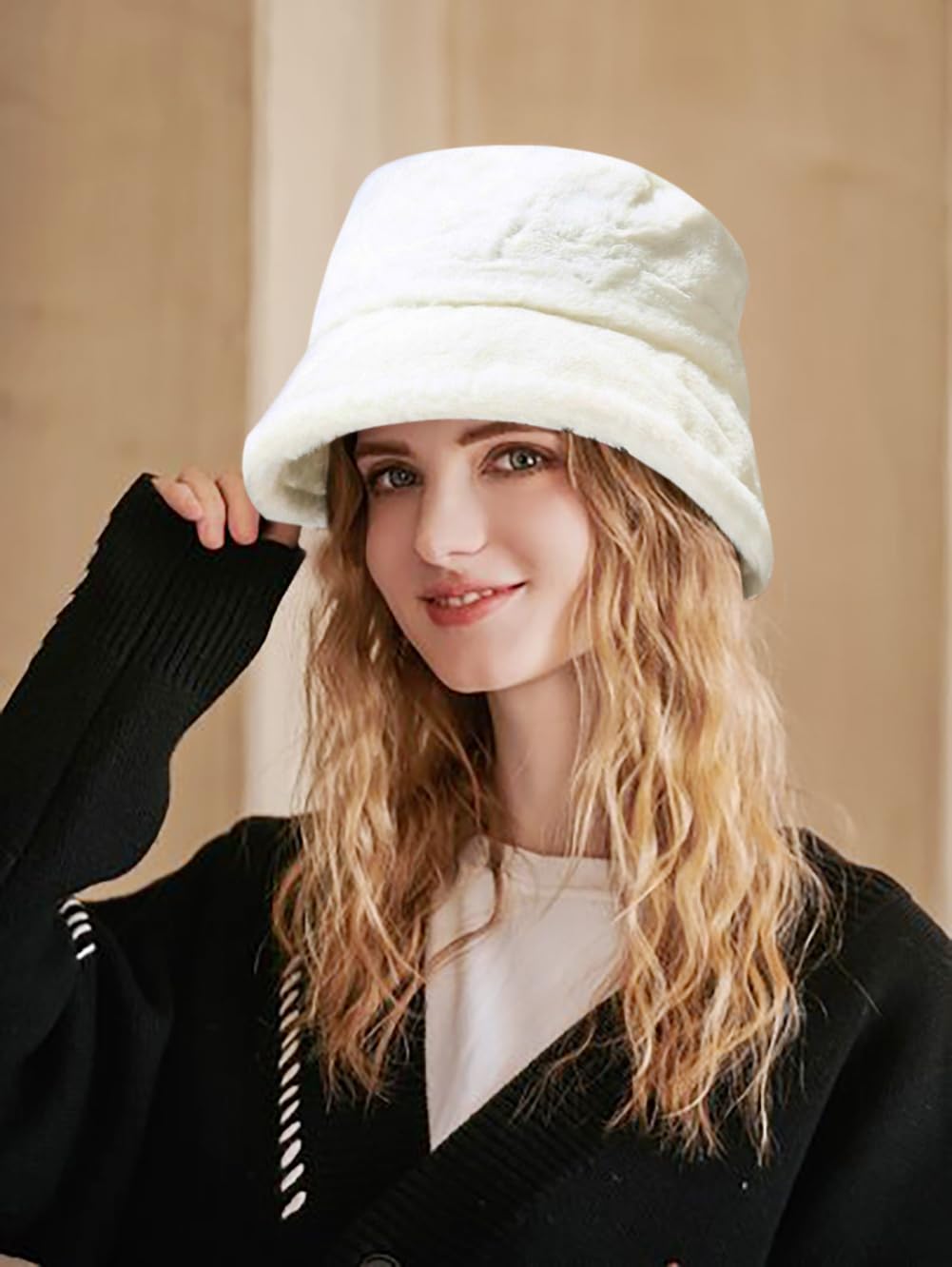 XYIYI White Women's Winter Faux Fur Fuzzy Bucket Hat Warmer Fisherman Cap