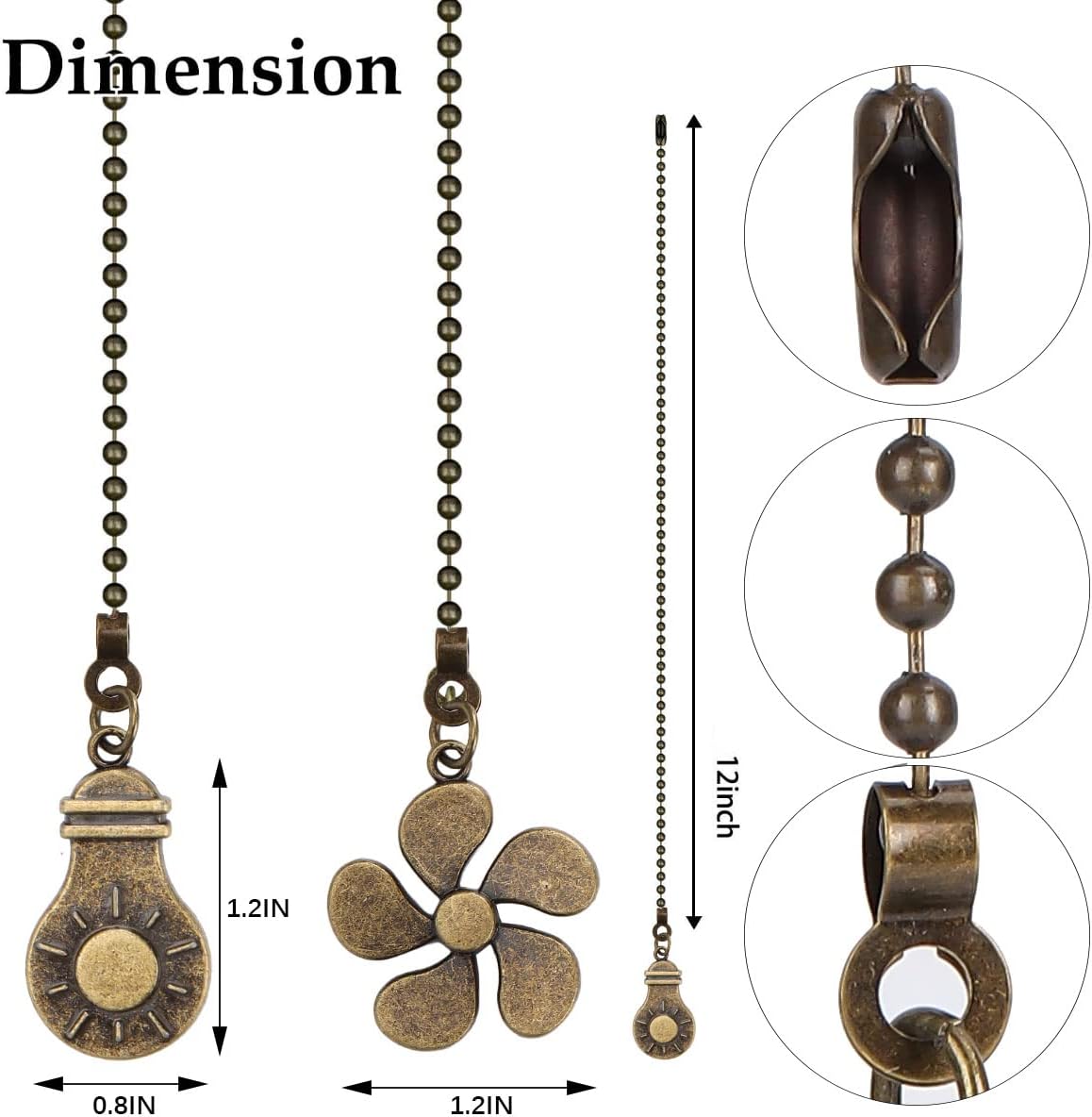 Ceiling Fan Pull Chain Set - 6 Pieces Bulb & Fan Pattern Pull Chain Extension Pendant Ceiling Fan Chain, 12 Inches Fan Pulls Chain Extender with Beaded Ball Fan Pull Chain Connector (Black)