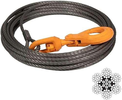 Vista 48 de Mytee Products 3/8" x 50' Cable de cabrestante con gancho autoblocante - 20,400 libras de resistencia máxima a la rotura. Cuerda de cabrestante de 1