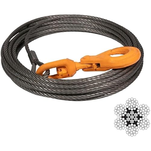 Wire Rope Steel Core Winch Cable 3/8" x 50' Swivel Hook 14,400 lbs Breaking Strength Replaces B/A 4-38PS50LH