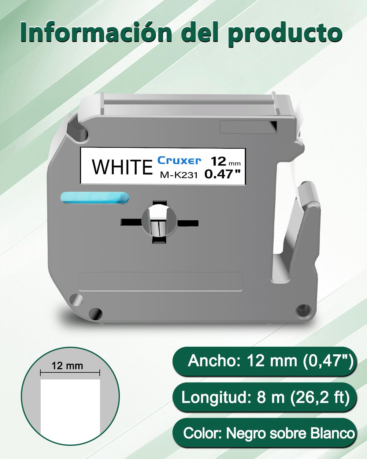 Paquete 20 Cinta Compatible P-Touch M-K231 Negro sobre Blanco 12 mm