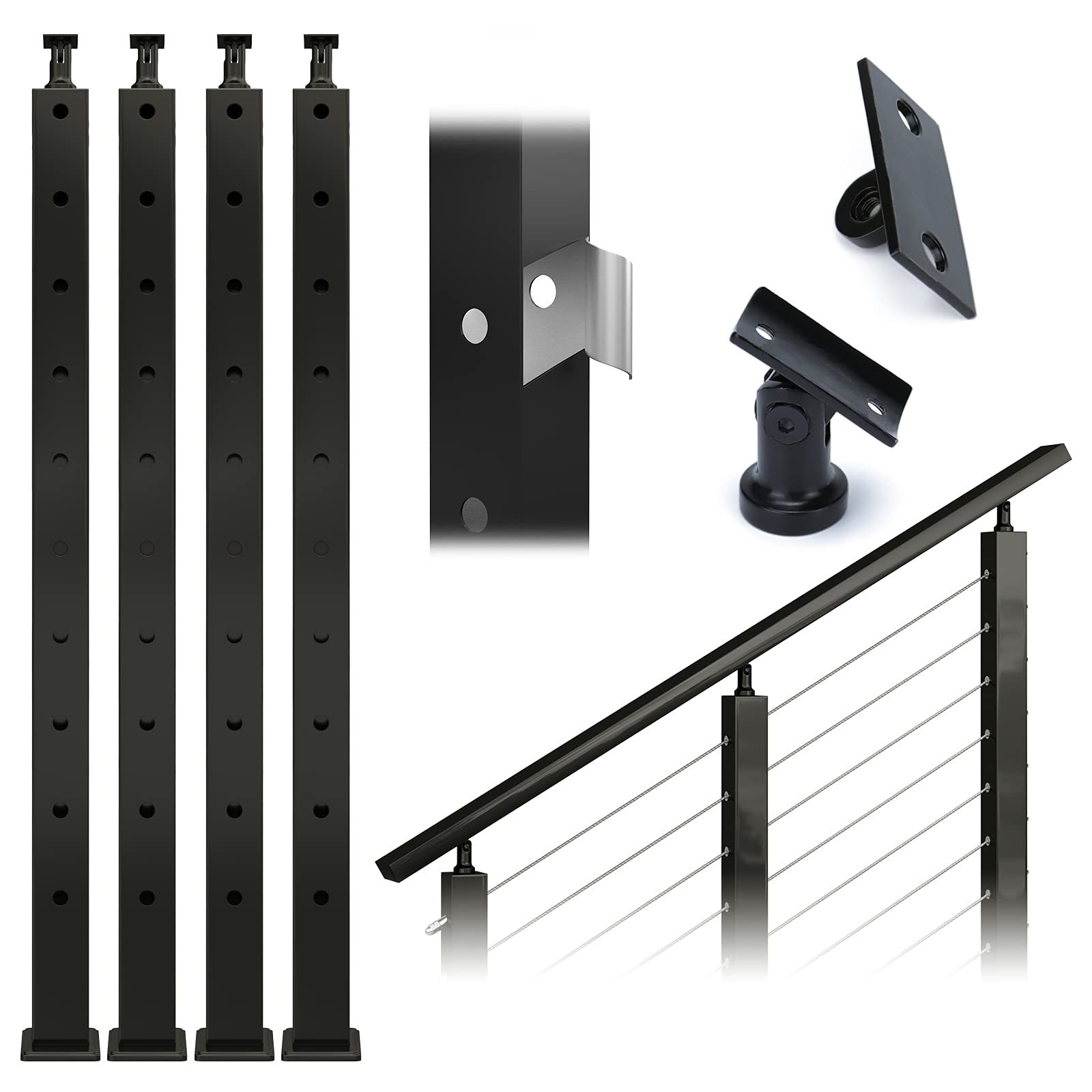 Muzata 4Pack Cable Railing Post Black 30 Degree Stair Pre-Drilled Angle Holes 36"x2"x2" Stainless Steel Square Weldless PS01 BA4S, PT1 PT2 PT6