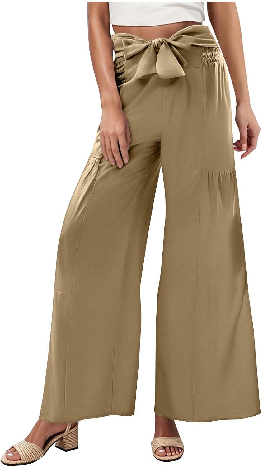 Wide Leg Palazzo for Women Pants High Waist Adjustable Knot Loose Casual Trousers Business Work Casual Pants with Pockets
