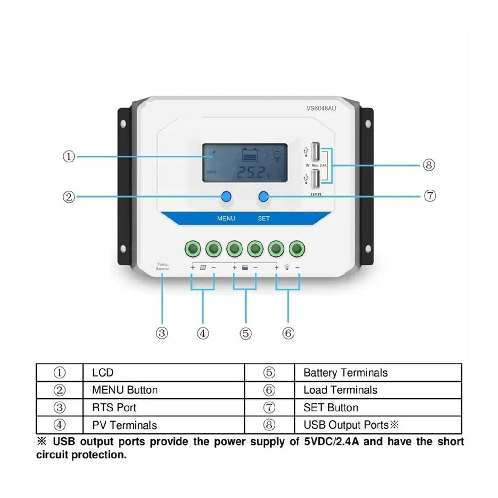 Kontroler ładowania słonecznego, 12V 24V 10A 20A 30A 45A 60A Zobacz Serię Gwiazdową Kontroler Ładowarki Słonecznej VS1024AU VS2024AU VS3024AU VS4524AU VS6024AU(60A)