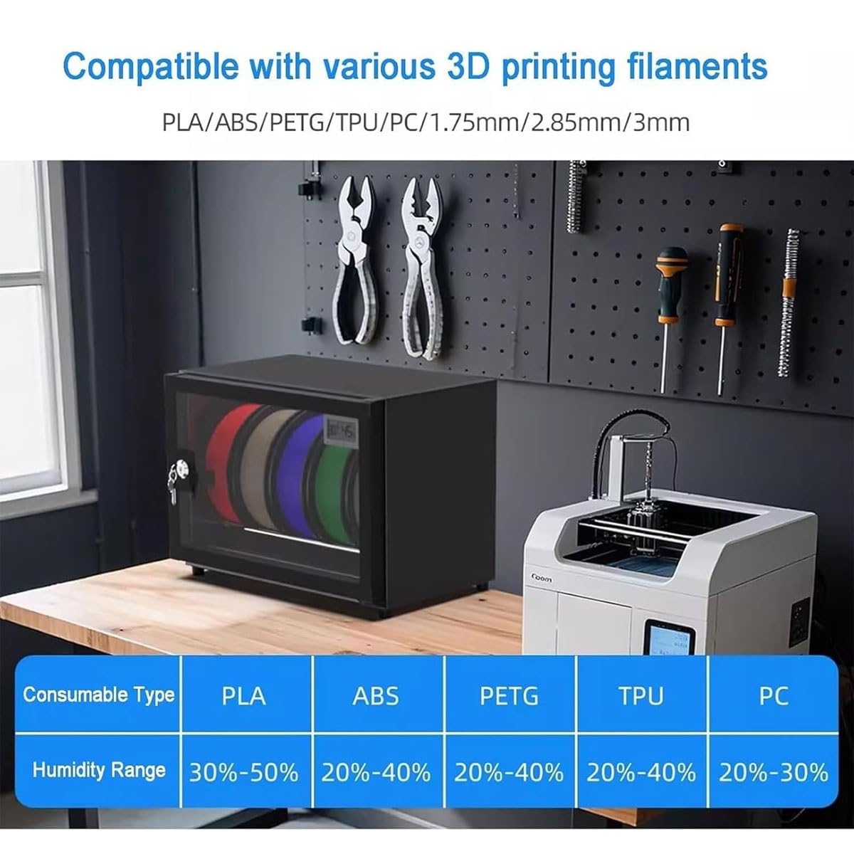 Caja de almacenamiento deshumidificador de filamento para impresora 3D con control de humedad ajustable, sostiene múltiples rollos, incluye bloqueo de seguridad para la conservación del material