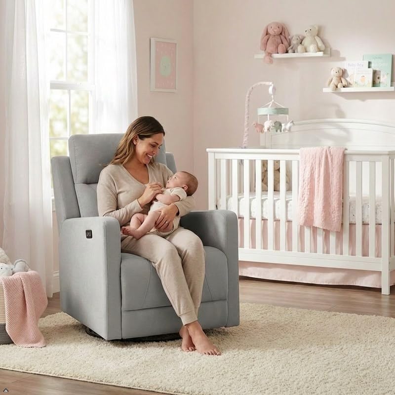 Image of Pemberly Row Premium Fabric Glider Power Recliner Nursery Rocking Chair for Living Room, Kids Room, Rocker Swivel Recliner with USB Port in Gray