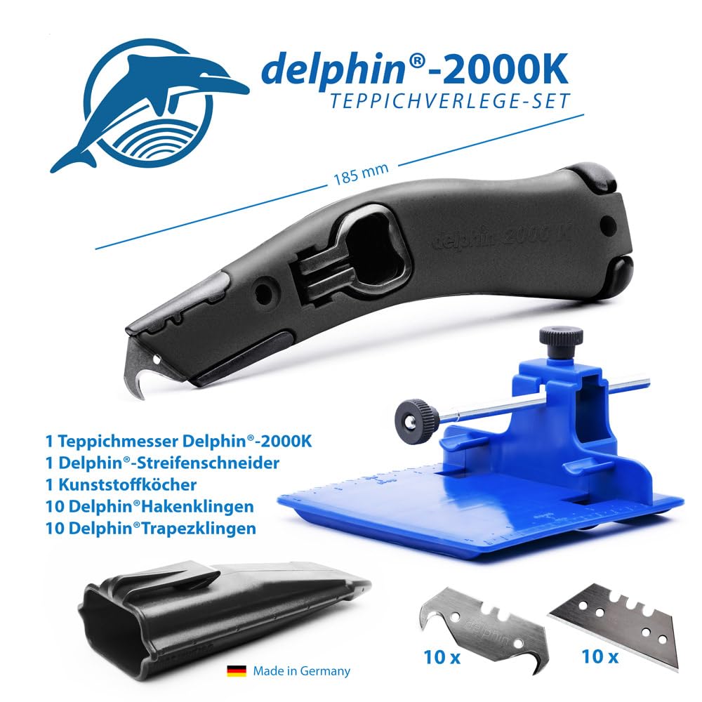 Teppichverlege Set, bestehend aus Delphin®-2000K, 10 Trapezklingen, 10 Hakenklingen, Streifenschneider, Kunststoffköcher