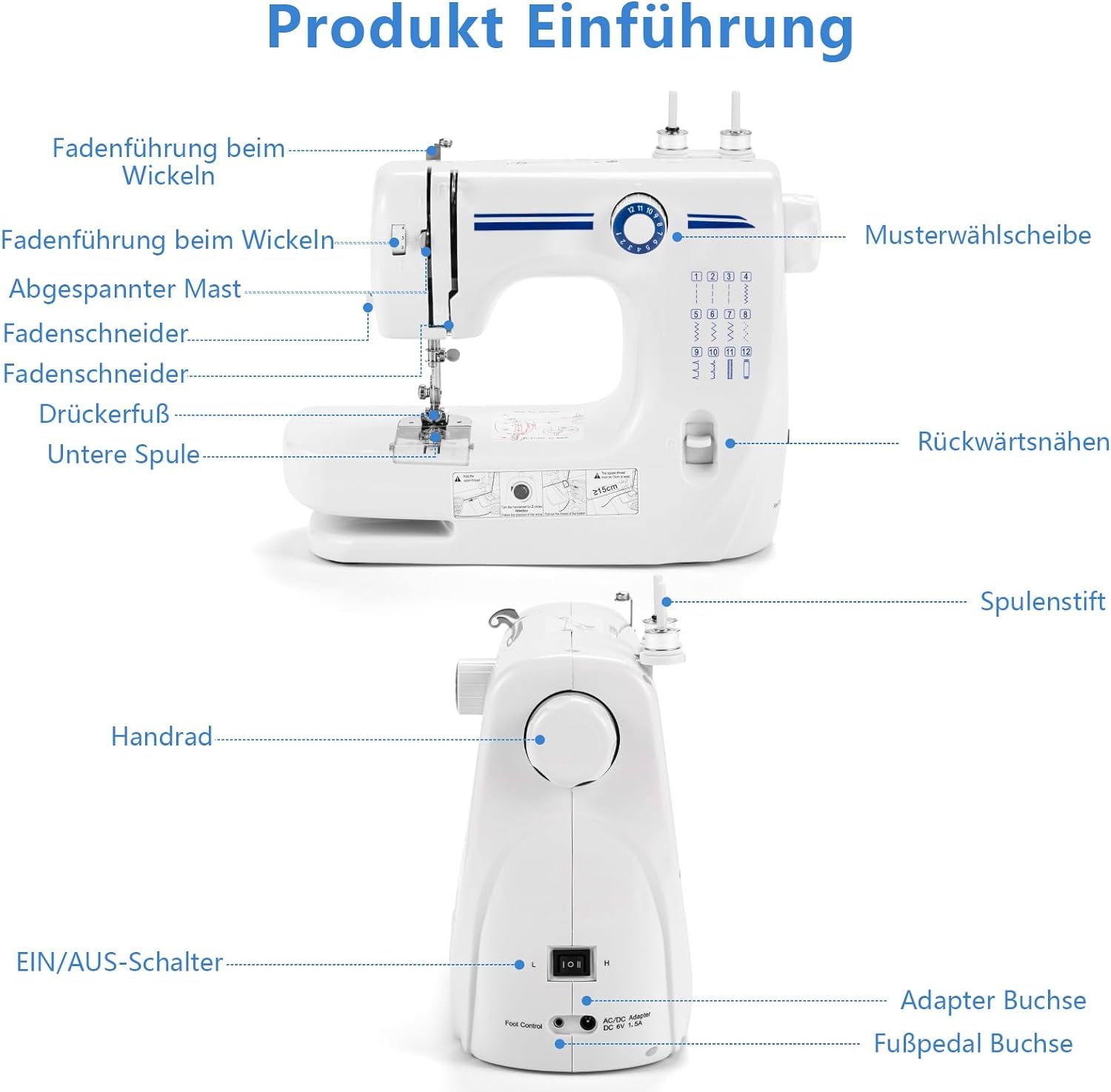 Nähmaschine, 608A elektrische 12-Stich-Nähmaschine, Haushalts-elektrische Mini-Nähmaschine, geeignet für Anfänger (Näh und Garnkombinationsset)