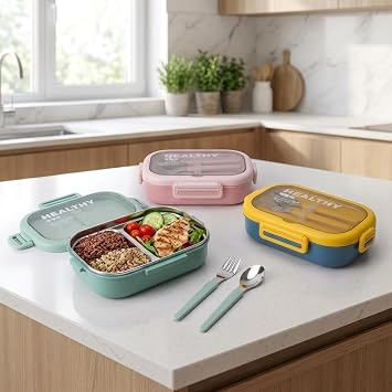 Deconox Paslanmaz Çelik Yemek Kabı 800 ml, 2 Bölmeli Lunch Box, Çatal Kaşık Dahil, Kilitli Kapaklı Saklama ve Taşıma Kabı, 21x15x6,6 cm, Pembe/Mavi/Yeşil