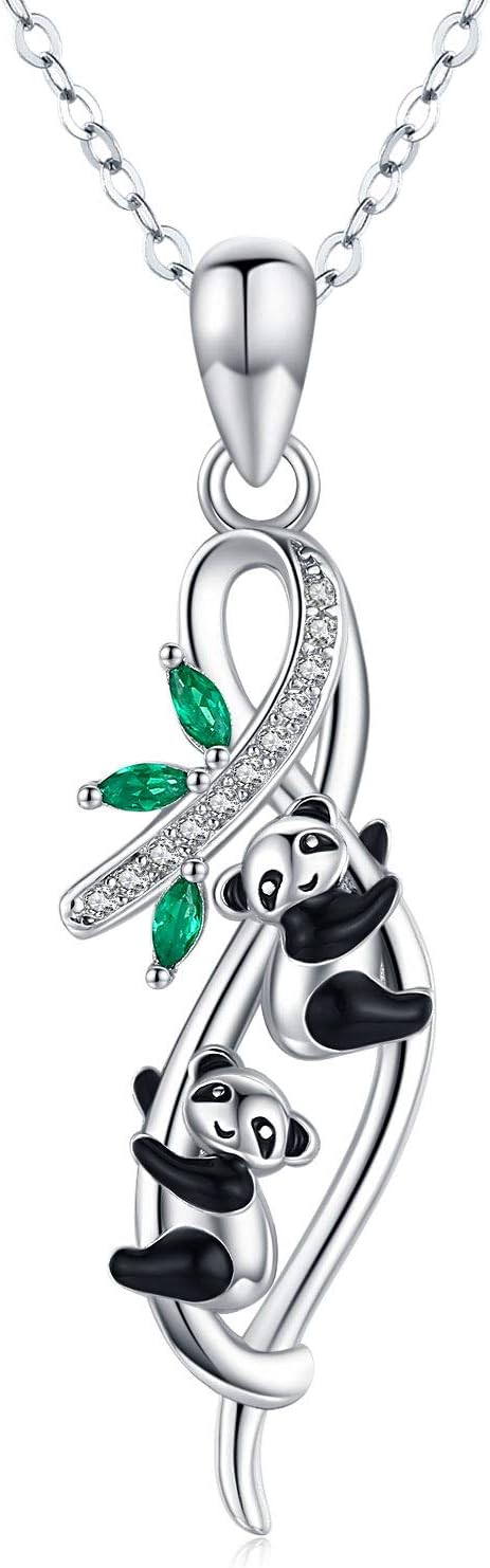 JUSTKIDSTOY Panda Necklace for Women - 925 Sterling Silver & White Gold Plated - Cute Panda Jewelry - Bamboo Pendant - Graduation Gift