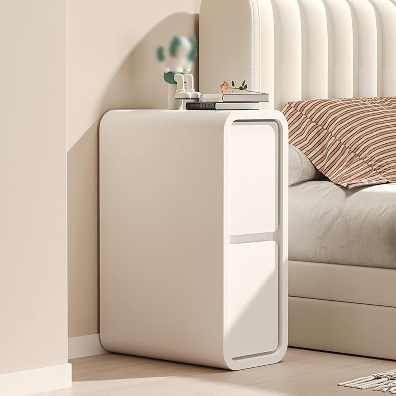Narrow Nightstand, Modern Minimalist Bedside Table Hidden 2 Drawer Storage Cabinet with Leather Surface, Sofa Side Table for Small Space Bedroom(25x40x50cm(10x16x20inch), Cream)
