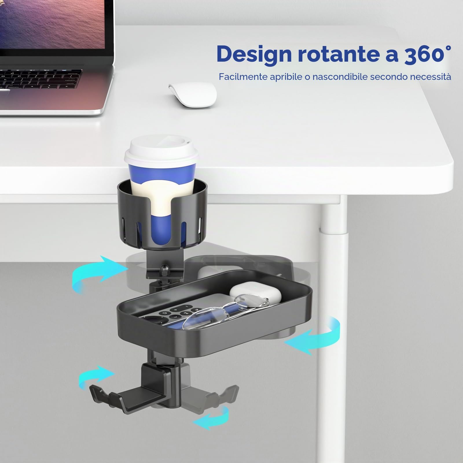 KDD Portabicchieri da Scrivania con 2 Gancio Cuffie e Cassetto sotto Scrivania, Resistente Porta Tazze da Tavolo con Morsetto a C di base di Supporto per Ufficio Scuola sala Giochi Accessori