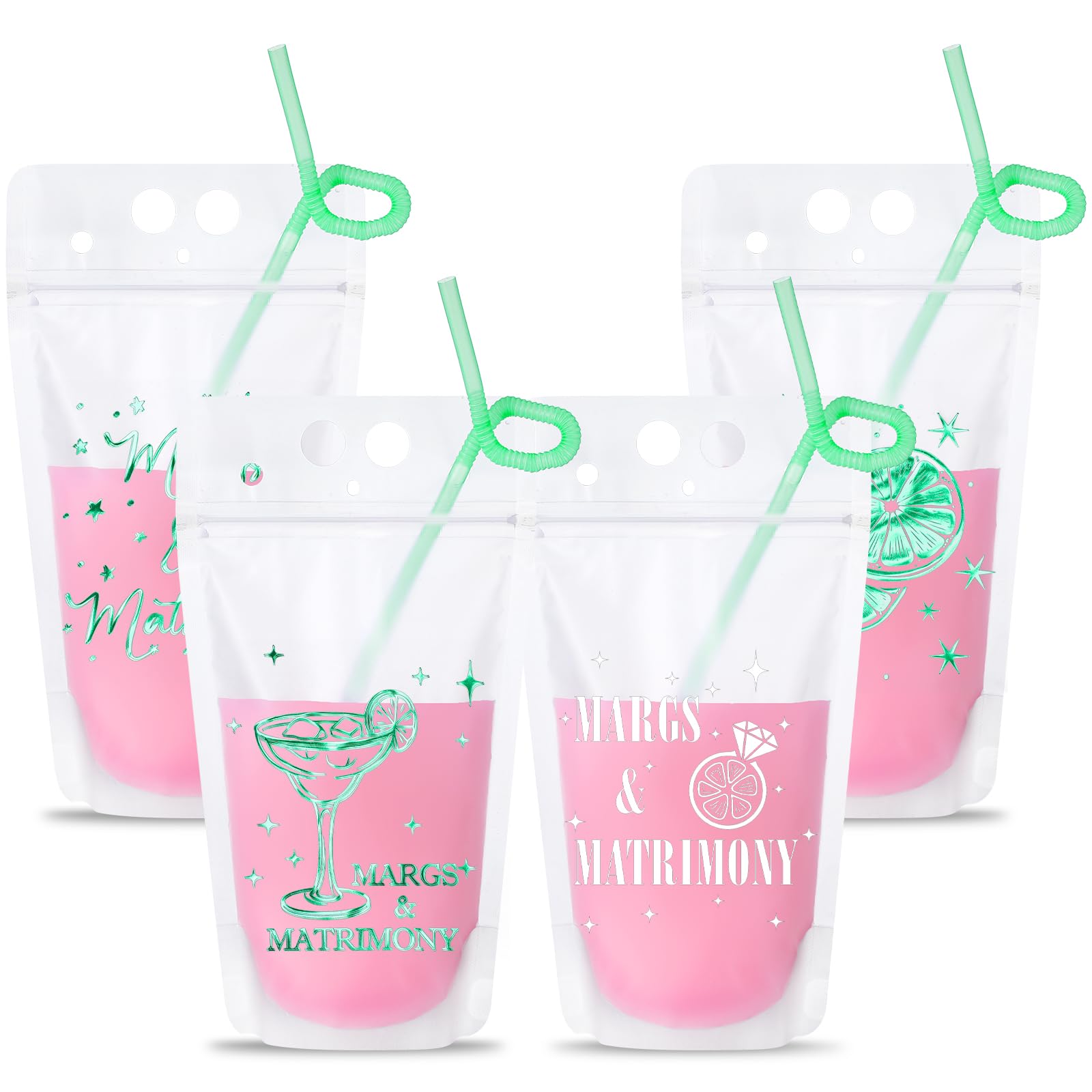 Qilery 24 Pack Margs and Matrimony Bachelorette Party Drink Pouches with Straws, Margarita Drink Bags Handheld Reclosable Zipper Pouch Cups for Bridesmaid Favor Wedding and Bridal Showers
