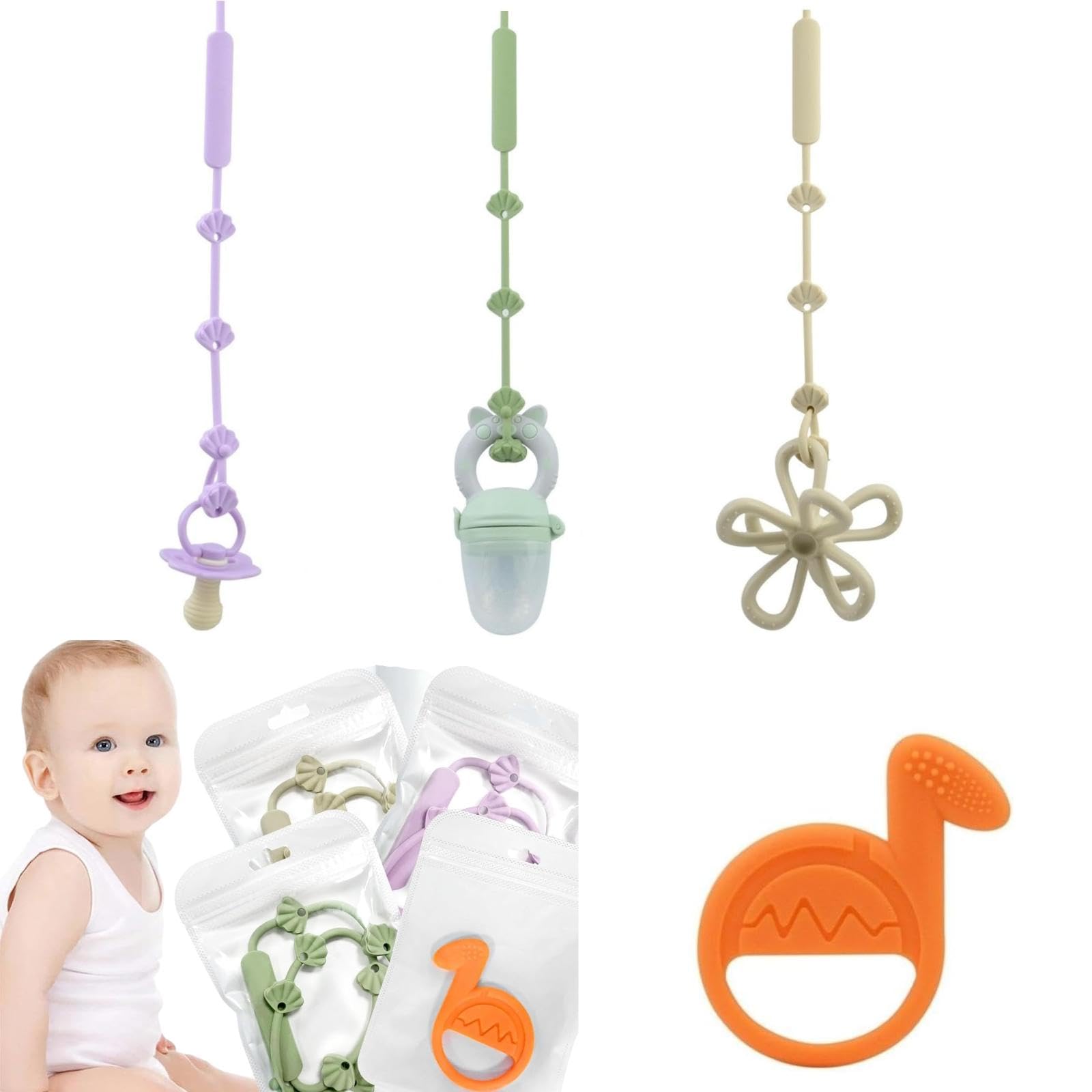 EURCRBU 4 Pack Toy Safety Straps, Adjustable Silicone Pacifier Clips, Adjustable Stretchable Sippy Cup Straps for Strollers, High Chair, Cribs, Hanging Baskets, Car Seat, Shopping Trolley (Orange)