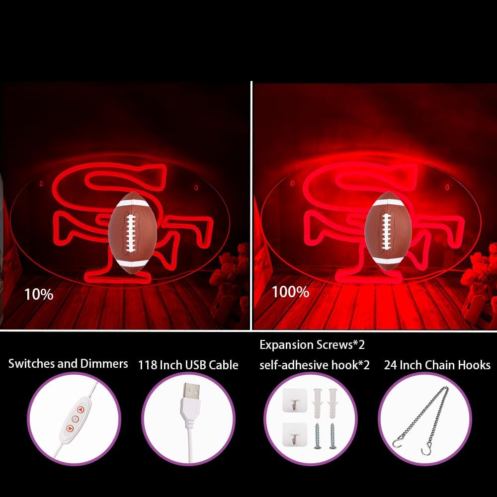 Football Rugby Sports Team Neon Sign Suitable for S. F Logo Neon Sign for Wall Decor USB Powered Dimmable Led Light Up Signs for Bedroom Men Cave Home Bar Birthday Party Decor Xmas Gifts for Kids