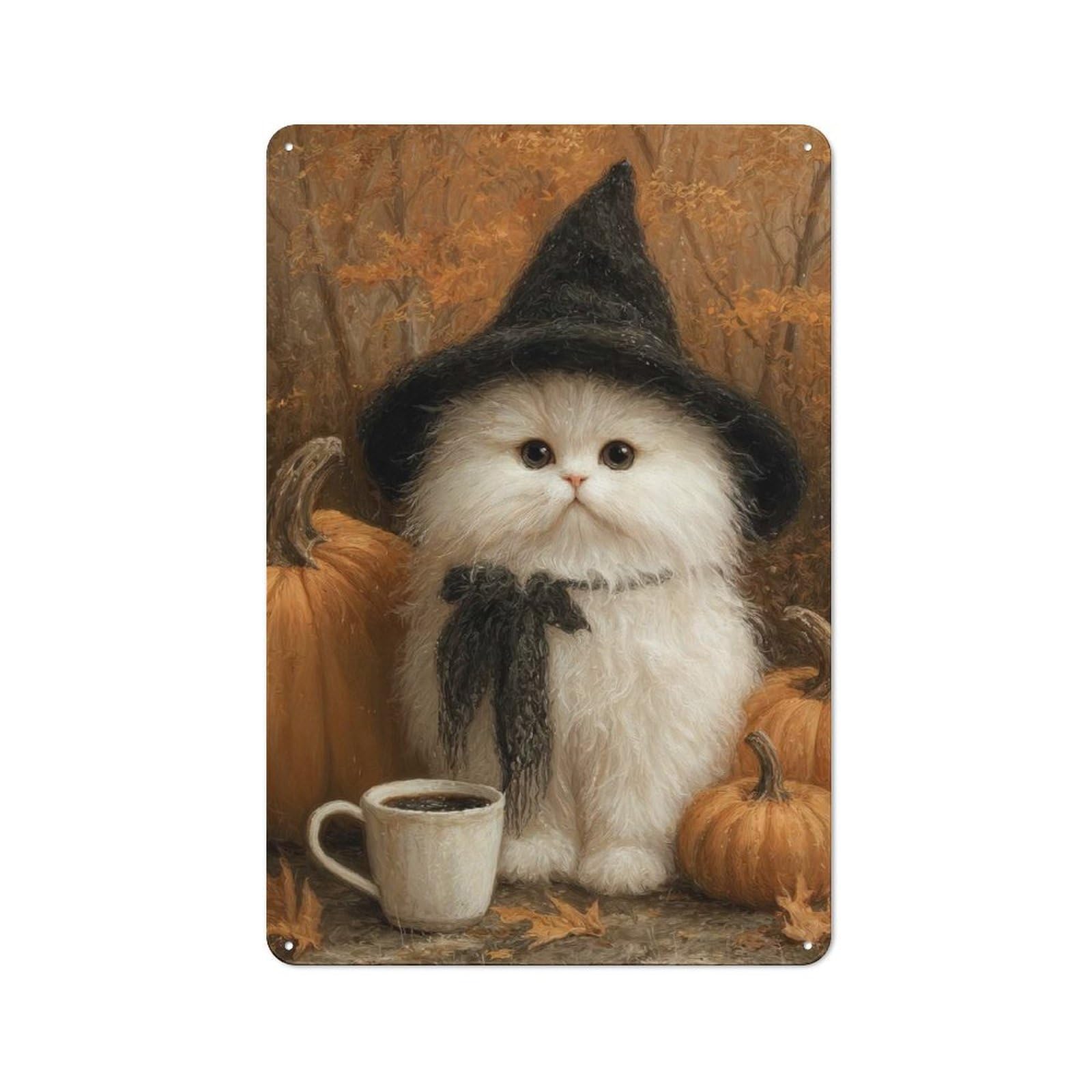 Junmoney Halloween White Witch Cat With Pumpkins Tin Sign 30X20cm With For Garage Wall, Rustic Decor, For Living Room, Hallway And Entrance Wall Decor