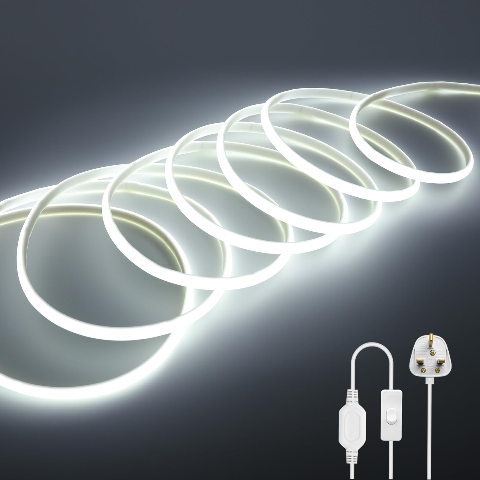 Wisada 220V COB LED Neon Light Strip with On/Off [32m, White 6000-6500K], IP65 Waterproof Flexible，288 LEDs/m Cuttable FCOB LED Rope Light, DIY Design, Home Store Decorative Light Strip