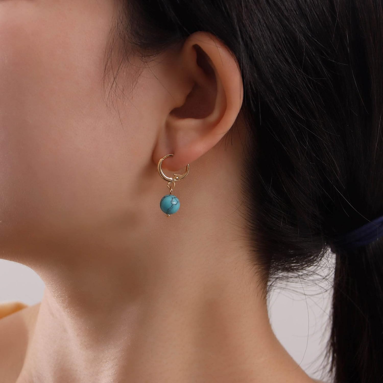 Andelaisi Boho Turquoise Dangle Earrings Gold Turquoise Huggie Hoop Earrings Vintage Turquoise Bead Drop Earrings Blue Natural Stone Earrings Jewelry for Women - Image 3